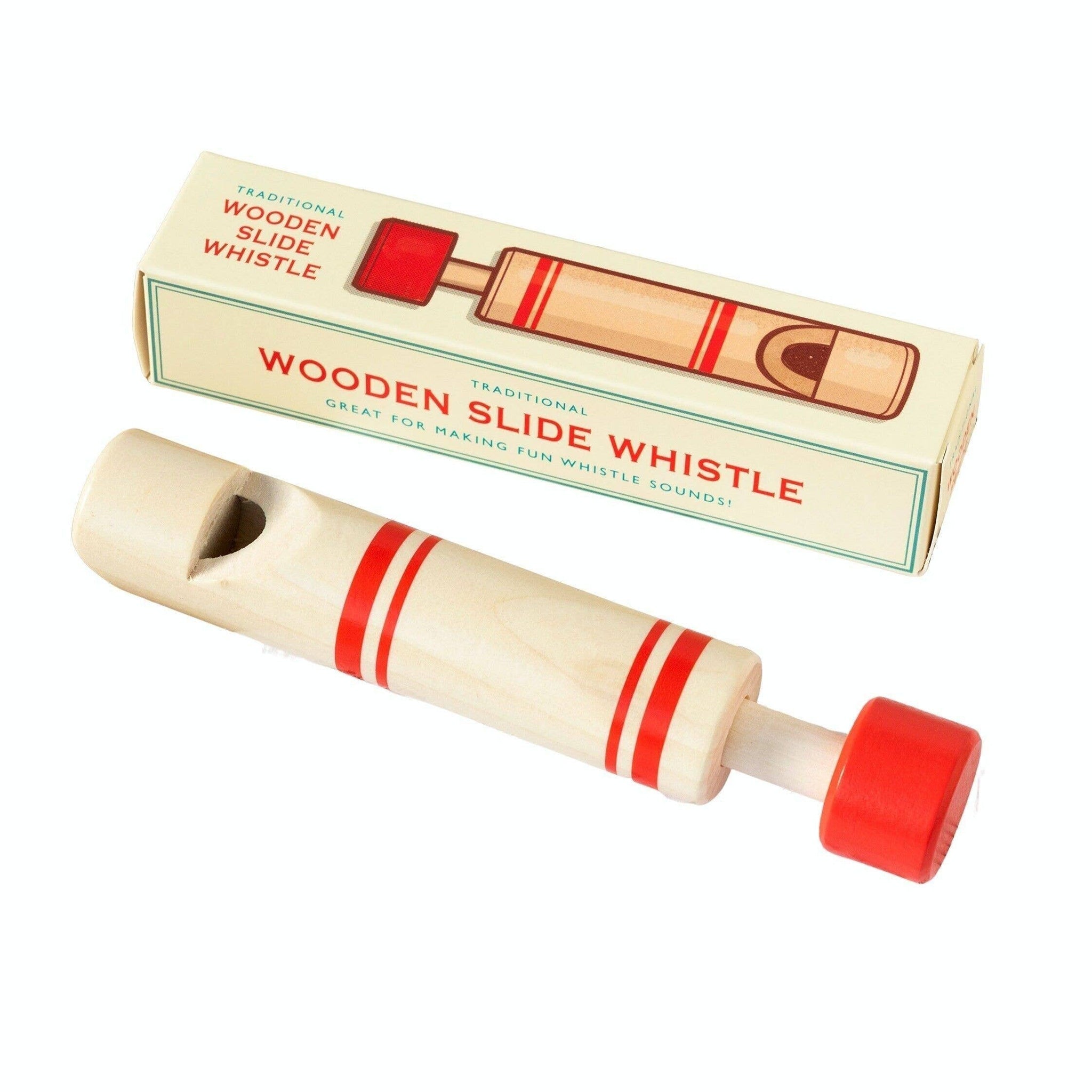 Wooden slide whistle with red accents and packaging on a white background