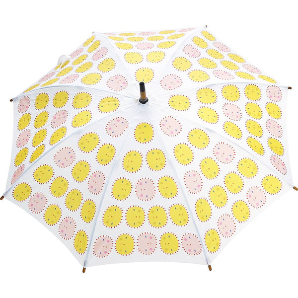 Umbrella with yellow and pink pattern on a white background