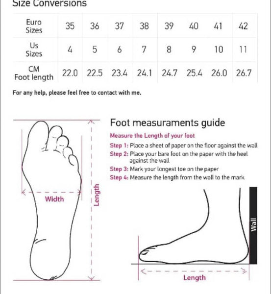 Foot measurements guide with size conversions from Euro to US and CM.