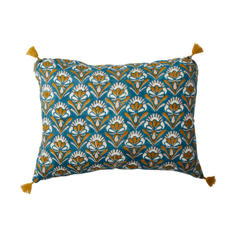 Indigo Seventies Indian Flower Print Cushion - Bonheur du Jour