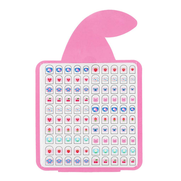 Cute children's nail stickers in pink cherry shaped packaging on a white background