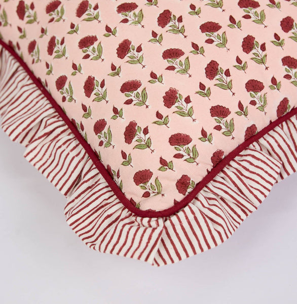 Ruffled Cushion Cover - Scarlet Ditsy Floral Block Printed - Paper Mirchi