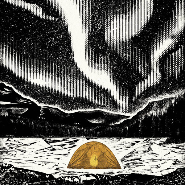 A black and white digital illustration of a small orange dome tent pitched in a snowy landscape under a dramatic aurora sky.