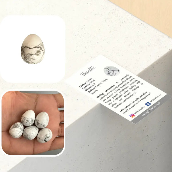 Marble-textured crystal egg on a card with text and social media icons, inset showing eggs in hand.