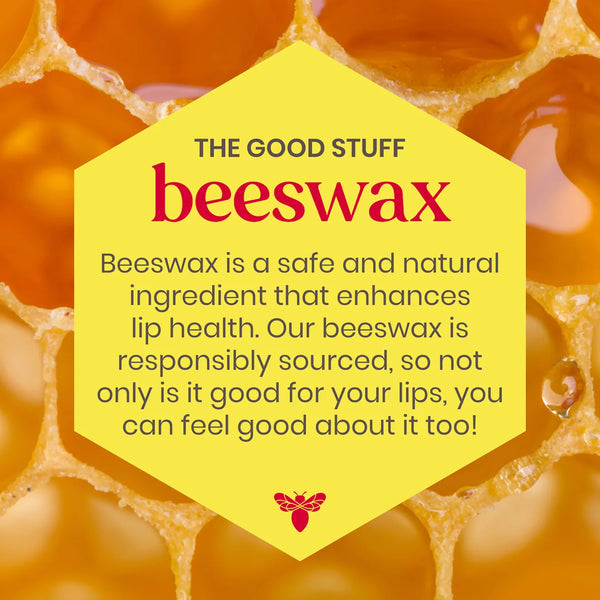 Beeswax product with text about its safety and natural benefits on a honeycomb background.