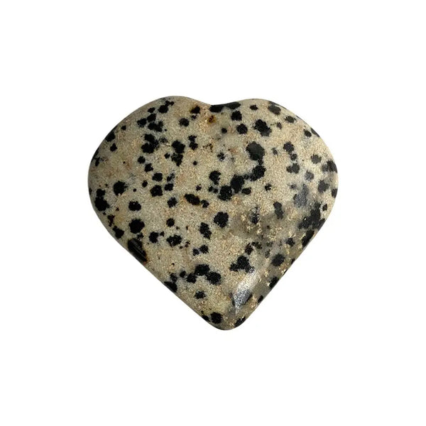 Heart-shaped dalmatian jasper stone on a white background
