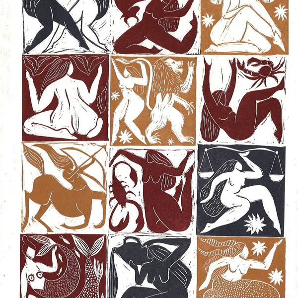Grid of zodiac sign illustrations in a stylized design.