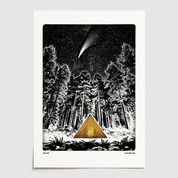 Poster of a tent in a forest under a shooting star