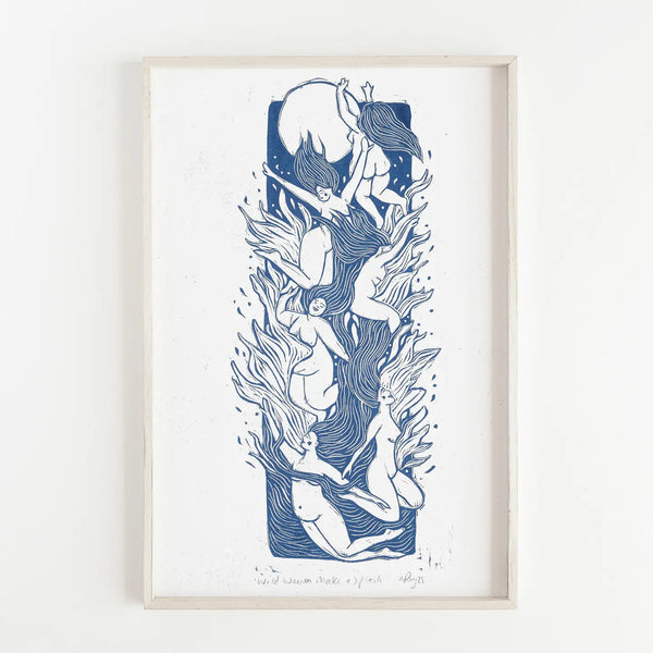 Framed print of women in the sea in moonlight