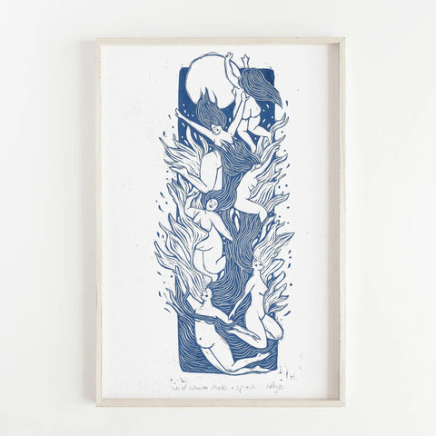 Framed print of women in the sea in moonlight