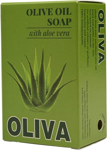 Green box of Olive Oil Soap with Aloe Vera by Oliva on a white background