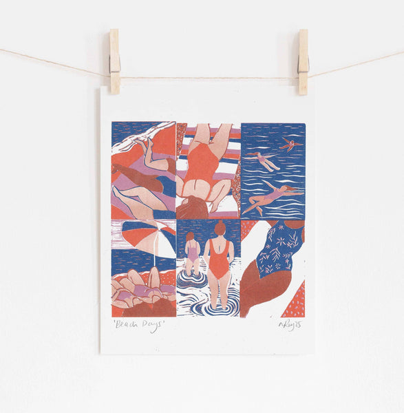 Art print of beach scenes with people in swimsuits hanging on a line.