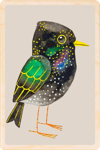 Illustration of a bird with black and green feathers and a yellow beak on a beige background