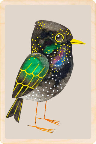 Illustration of a bird with black and green feathers and a yellow beak on a beige background