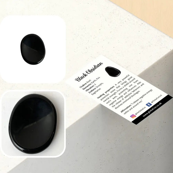 Black obsidian gemstone and card with properties