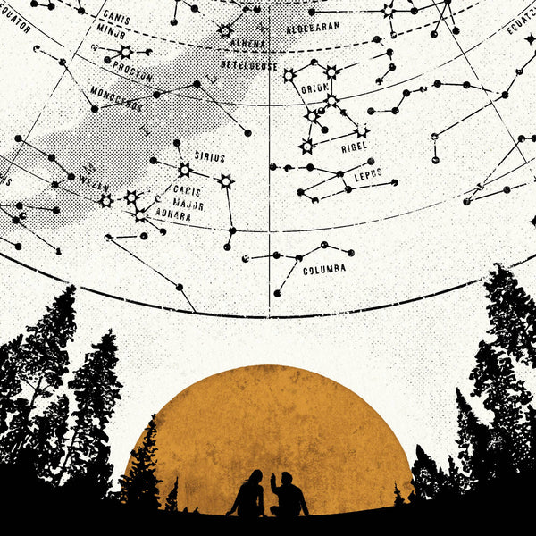 Star map with constellations and silhouette of two people sitting under a sunset.