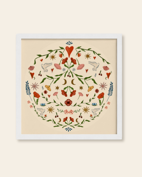 Framed artwork with a floral and nature-themed design on a beige background