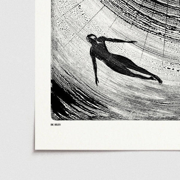 Black and white artwork of a person diving against a textured background