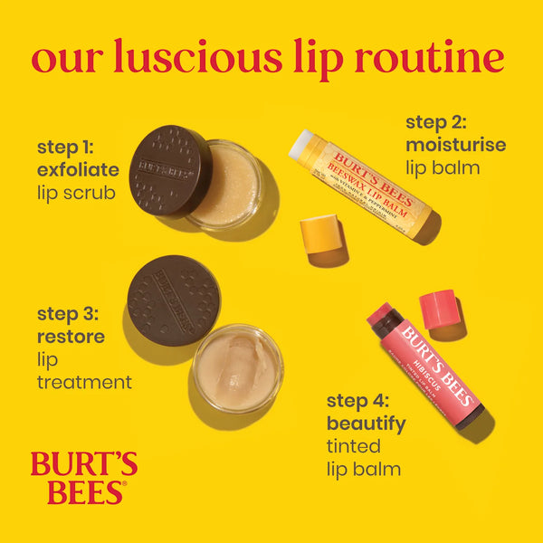 Burt's Bees lip care products with steps for a luscious lip routine on a yellow background.