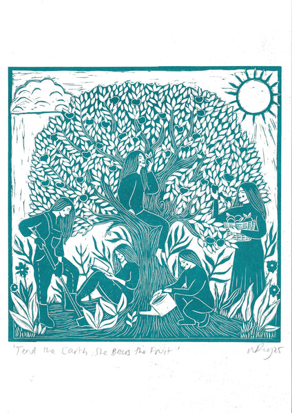 Teal illustration of people interacting with nature around a large tree, with text 'Tend the Earth, the Root of Peace'.