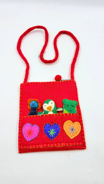 Red Handmade Felt Puppets Cross Bag for Kids - Funky Yak Ltd