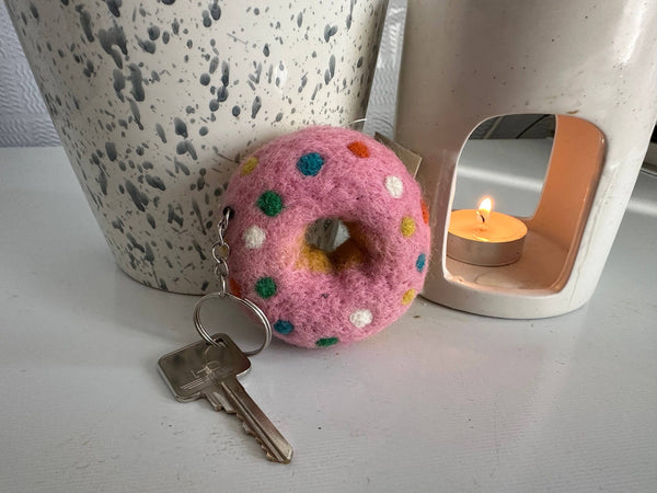Handmade Felt Doughnut Strawberry Sprinkle Keyring - Funky Yak Ltd