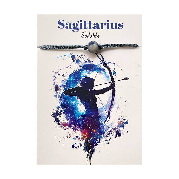 Sodalite gemstone bracelet with Sagittarius design on a white card