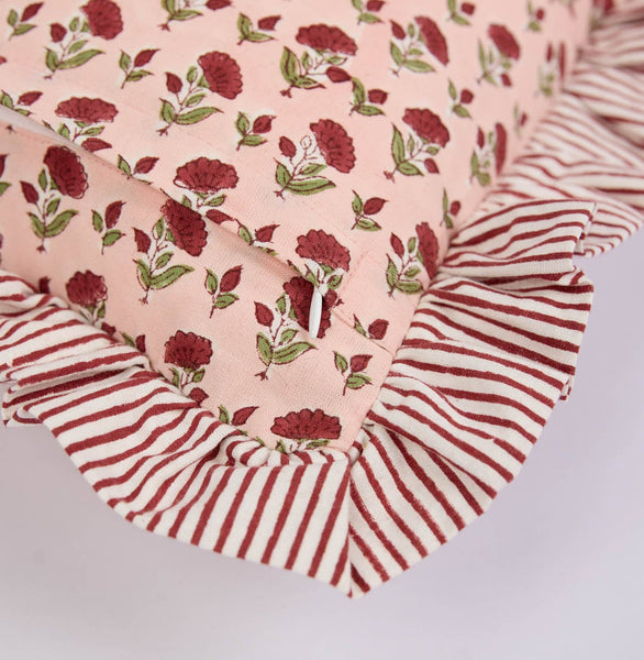 Ruffled Cushion Cover - Scarlet Ditsy Floral Block Printed - Paper Mirchi