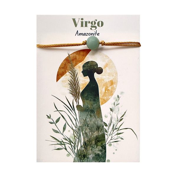 Amazonite bracelet with pendant featuring a silhouette of a woman, plants, and 'Virgo Amazonite' text on a white background.