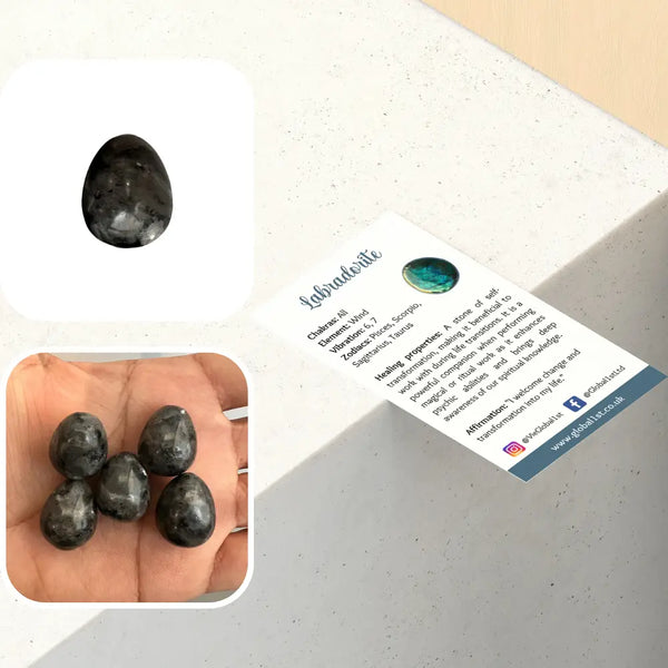 Labradorite gemstones with a card explaining their properties on a light background