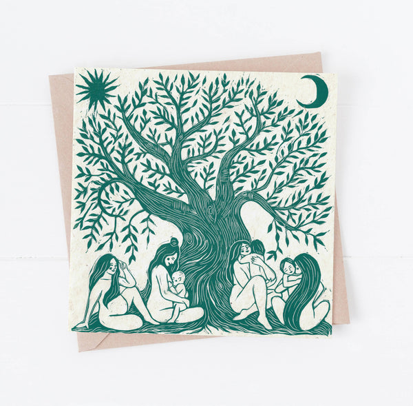 Greeting card with illustration of women under a tree, with a brown envelope.