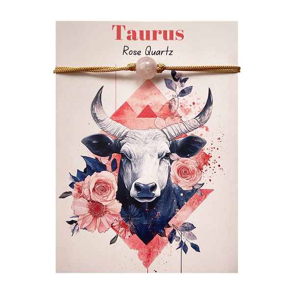 Taurus themed rose quartz gemstone bracelet with bull illustration, flowers, and geometric design on a beige background.