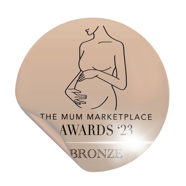 Bronze award sticker for 'The Mum Marketplace Awards '23' with a silhouette of a pregnant woman.