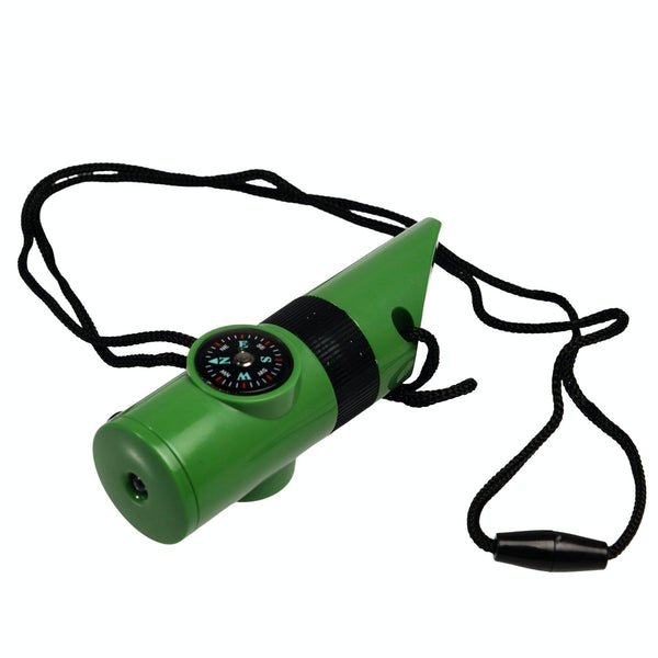 Green whistle with a black lanyard on a white background