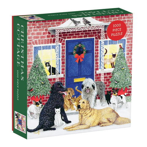 Jigsaw puzzle box featuring a festive scene with dogs and cats around a door, with a red circle indicating 1000 piece puzzle.