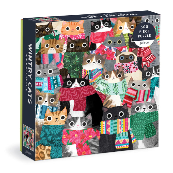 Gallison 'Wintry Cats' 500 piece puzzle box with colourful cat illustrations on a white background