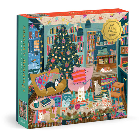 Jigsaw puzzle box with a festive living room scene featuring a Christmas tree and cozy furniture.