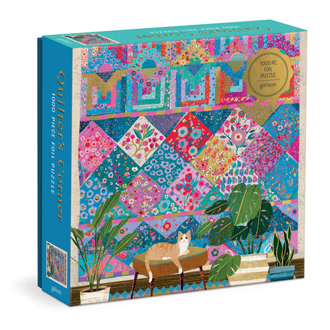 Jigsaw puzzle box with colourful quilt design and cat illustration
