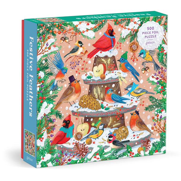 Jigsaw puzzle box with festive birds and winter elements on a white background