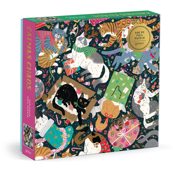 Gallison 'Catmas Chaos' puzzle box with colourful cat illustrations on a white background