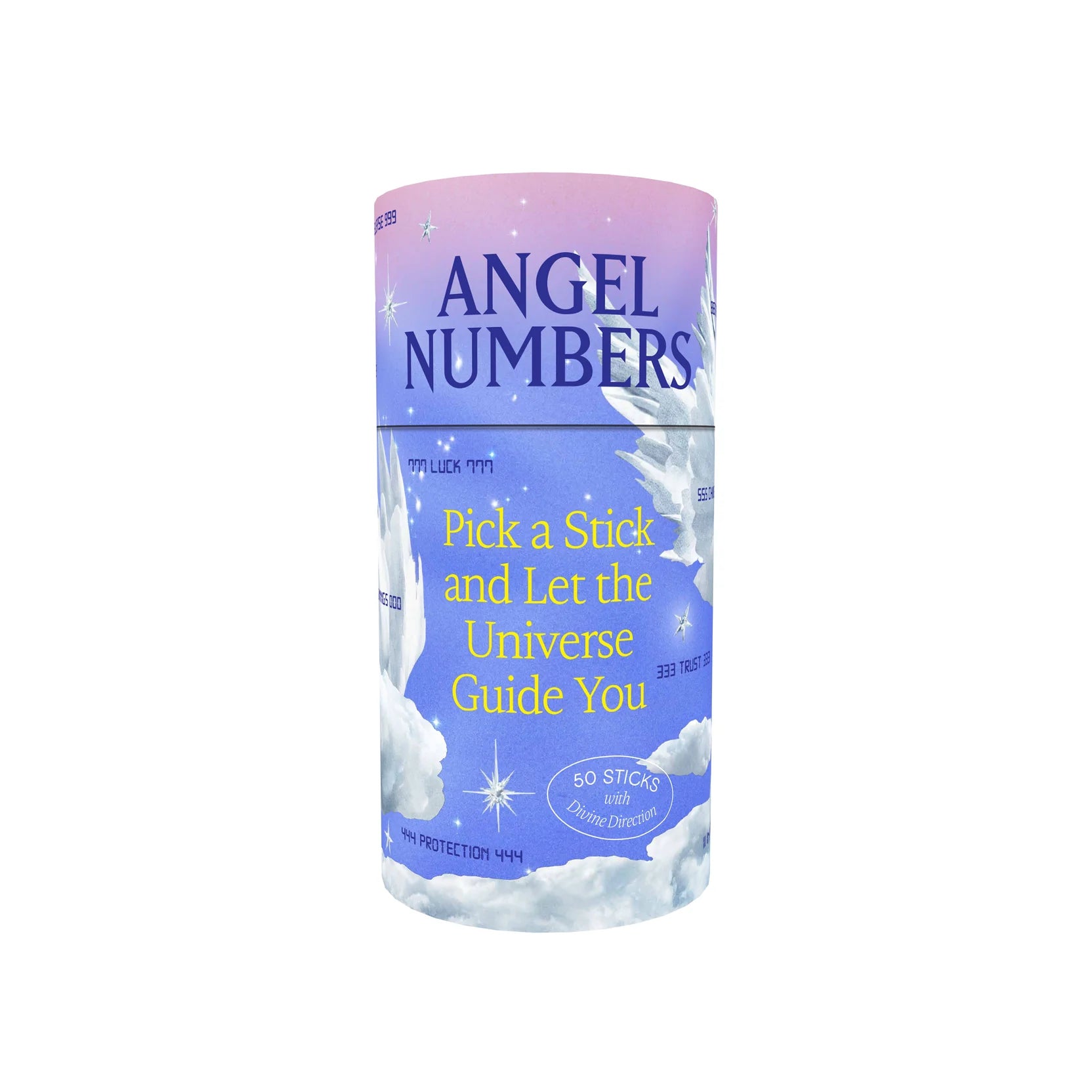 Container of 'Angel Numbers' sticks with a purple and blue design on a white background
