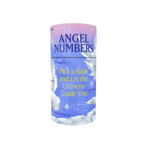 Container of 'Angel Numbers' sticks with a purple and blue design on a white background
