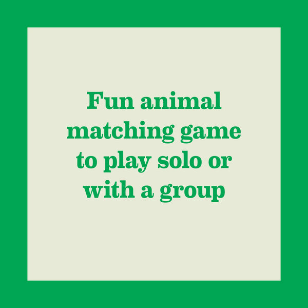 Text on a green background describing a fun animal matching game.