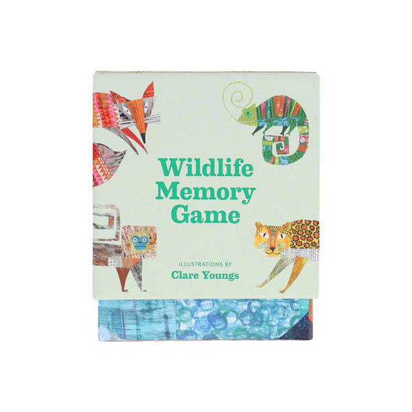 Wildlife Memory Game packaging with illustrations of animals on a light green background