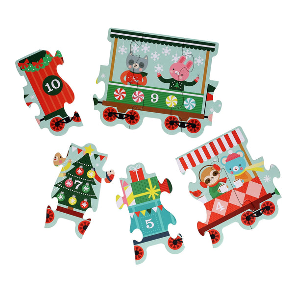 Set of Christmas-themed puzzle pieces with cartoon characters on a white background