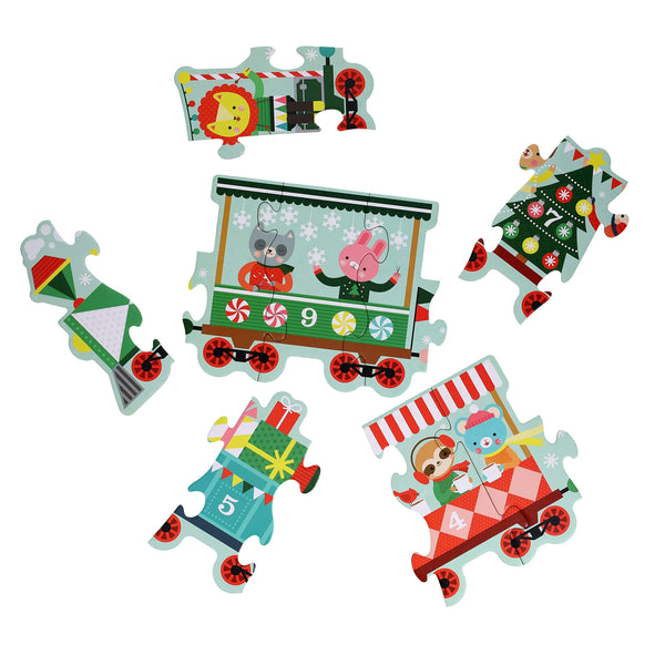 Colourful train-shaped puzzle pieces with cartoon characters on a white background