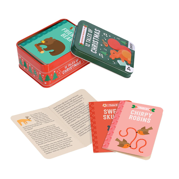 Set of Christmas-themed cards in a tin box with illustrations of animals and text.