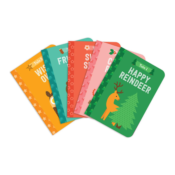 Set of colourful children's books with various designs on a white background