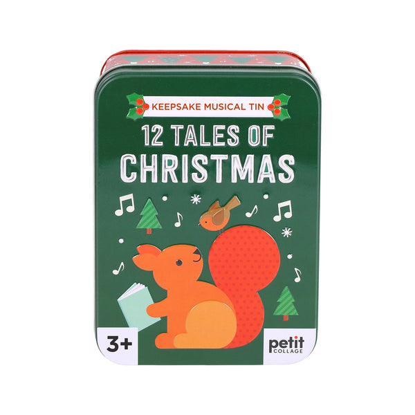 Keepsake musical tin titled '12 Tales of Christmas' with a squirrel design on a white background.