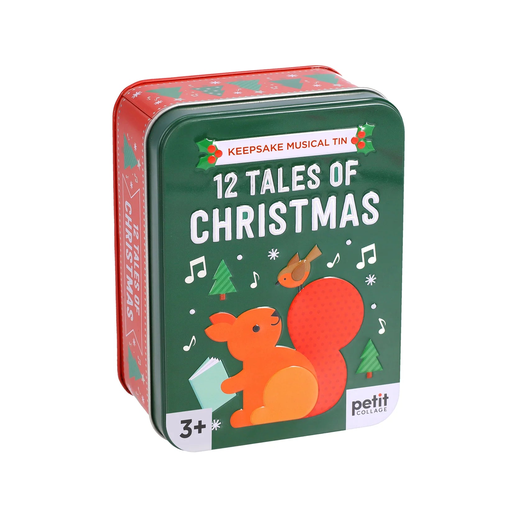 Keep sake musical tin titled '12 Tales of Christmas' with a red and green design featuring a squirrel and musical notes.